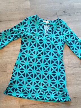 Jude Connally Teal & Navy Geometric Shift Dress